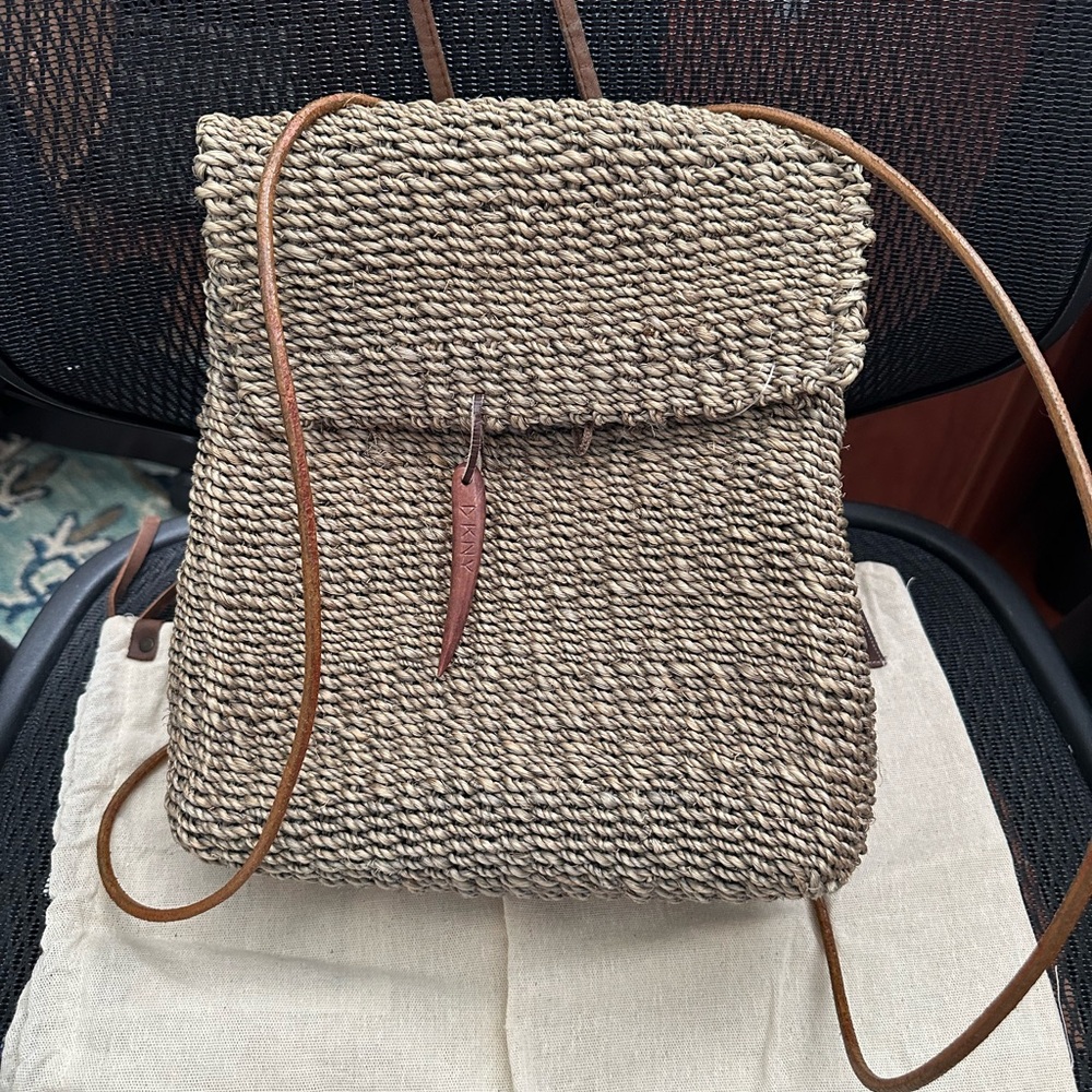 DKNY Woven Backpack in Brown Raffia